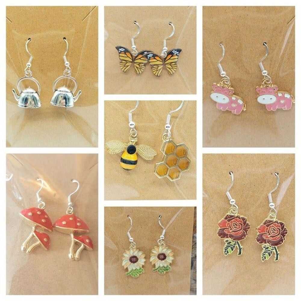 Enamel Charm Earrings lot! Garden Flowers Bee Mushroom Butterfly Cottage theme